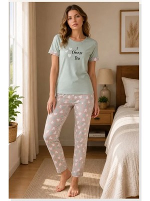 Modi Pamuklu Penye Baskılı Kısa Kollu Bisiklet Yaka Pijama Takımı Mint