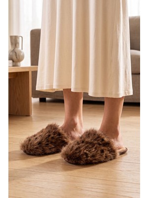 Twigy Ella Peluş Kadın Ev Terliği Leopar-Kahverengi 37/41