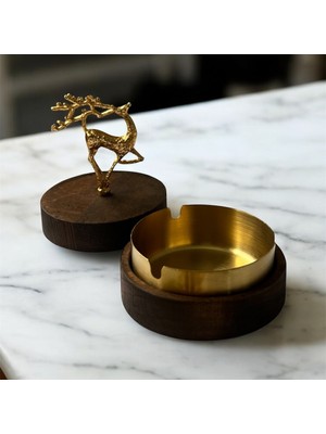 GİSVOL Kül Tablası Ahşap Çiçek Boynuzlu Geyik Metal Dekoratif Kül Tablası Küllük Koyu Gold Geyik