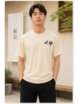 Modi Erkek Ön ve Arka Tokyo Kuş Çiçek Baskılı Oversize T-Shirt Ekru