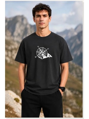Modi Erkek Outdoor Pusula Dağ Baskılı Kısa Kollu Oversize T-Shirt Siyah