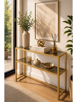HADİD METAL DİZAYN Mat Gold Metal Dresuar 90X30X90 cm 2 Katlı Füme Camlı Modern Dekoratif Konsol
