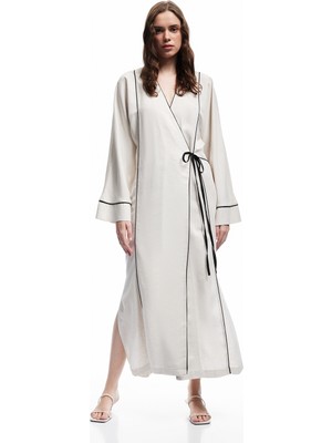 Koton Viskon Keten Karışımlı Bol Kalıp Uzun Kollu Kruvaze Kimono Elbise