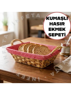 İnfeta Dikdörtgen Hasır Ekmek Sepeti Kırmızı Pötikare Kumaşlı Sunum Sepeti-Çok Amaçlı Kumaşlı Hasır Sepet