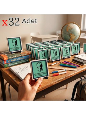 Miawiki Sınıfa Özel Atatürk Görselli Dekoratif Obje 32'li Set, Yıl Sonu Öğrenci Hediyesi, 10X10 cm