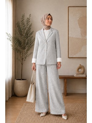 Stil Kuşağı Kadın Mavi Dokulu Açık Gri Keten Blazer Takım