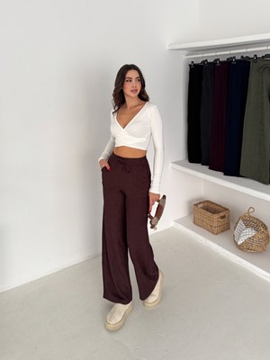 Maimoda Kadın Baggy Esnek Kumaş Meloni Geniş Paça Pantolon