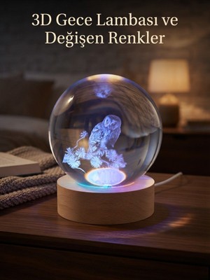 Margo Toys 3D Baykuş Figürlü Kristal Küre Renk Değiştiren Ahşap Tabanlı Gece Lambası