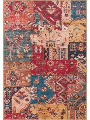 Nevmahall Yıkanabilir Dokuma Taban Elista Vintage Serisi Çok Renkli Patchwork Desenli Şönil Salon Halısı