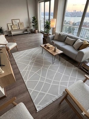 Nevmahall Makinede Yıkanabilir Bukle Dokulu Kaymaz Taban Wool Sisal Halısı Gri-Krem