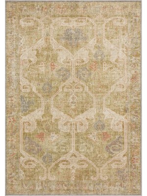 Nevmahall Yıkanabilir Dokuma Taban Elista Vintage Serisi Yeşil Damask Desenli Şönil Salon Halısı