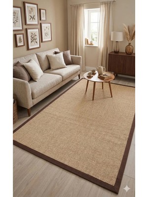 Nevmahall Modern Tasarımlı Kahve Kumaş Bordürlü Sisal Dokuma Halı Natural