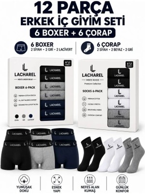 Beruflic Erkek 12LI Iç Giyim Seti Pamuklu 6 Boxer 6 Çorap Çoklu Paket - Siyah - Lacivert - Gri - Beyaz