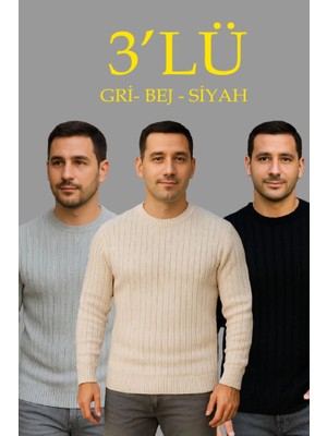 Beruflic Erkek Fitilli Triko Kazak 3lü Set Bej Gri Siyah Regular Fit Bisiklet Yaka Triko Seti Kazak Modeli
