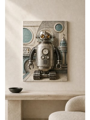 Premium Retro Atölyede Gümüş Renkli Robot Çerçevesiz Kanvas Tablo
