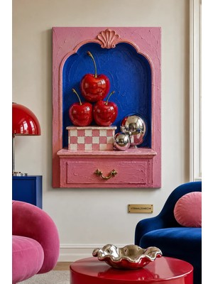 Premium Pembe Nişte Parlak Kırmızı Kirazlar Çerçevesiz Kanvas Tablo