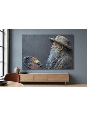 Premium Mavi Gri Sakallı Ressam ve Palet Portre Yorumu Çerçevesiz Kanvas Tablo