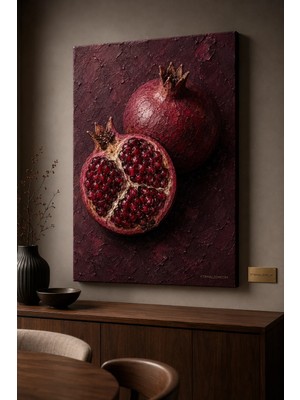 Premium Bordo Zeminde Bütün ve Kesilmiş Narlar Çerçevesiz Kanvas Tablo