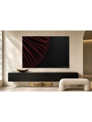 Premium Siyah Zeminde Bordo Yelpaze Kıvrımı Çerçevesiz Kanvas Tablo