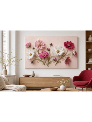 Premium Pudra Zeminde Kıvrımlı Pembe Beyaz Çiçekler Çerçevesiz Kanvas Tablo