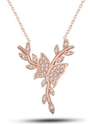 925 Ayar Gümüş Rose Daldaki Kelebek Kadın Kolye