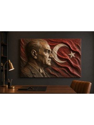Premium Atatürk Portresi ve Dalgalı Türk Bayrağı Çerçevesiz Kanvas Tablo