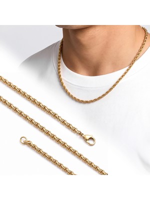 Moncuk Design Hasır Örgü Erkek Çelik Kolye 4mm 55CM Gold 3351ECK035