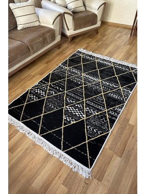 Pamuk Dokuma Yumuşak Çift Taraflı Yıkanabilir Saçaklı Salon Mutfak Yolluk Kilim Siyah2 80 x 3