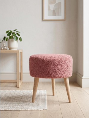 Yuvarlak Welsoft Tüylü Puf Koltuk - 40 cm Naturel Ahşap Ayaklı Makyaj ve Ayak Uzatma Pufu - Gül