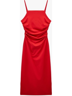 Koton Slim Fit Kare Yaka ip Askılı Drapeli Kırmızı Midi Elbise Şık Tasarım