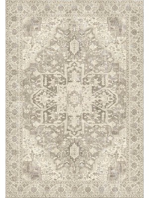 Saraz Halı Miras Vintage Krem Bej Etnik Desenli Baskı Şönil Halı Kaymaz Taban Salon Oturma Odası Yatak Odası Halısı SH10