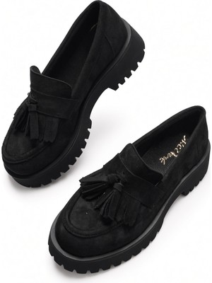 Mcdark Kadın Püsküllü  Casual Loafer Ayakkabı-Siyah Süet