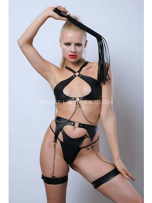 Esranın Dünyası Deri Jartiyer Harness Takım, Deri Sütyen Takım, Kırbaçlı Deri Fantezi Giyim - BRF1363