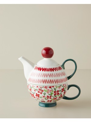 English Home Country Bloom New Bone China Demlik Seti 380 – 260 ml Bordo-Yeşil