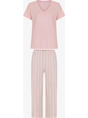 Penti Pembe Slow Days Çizgili Kısa Kollu Kapri Pijama Takımı