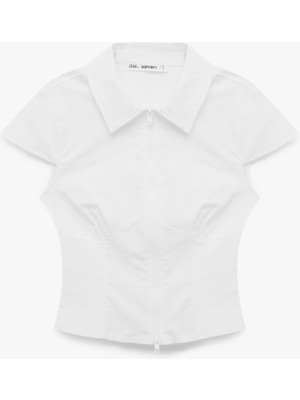 Koton Kısa Kollu Klasik Yaka Fermuarlı Slim Fit Crop Korse Bluz