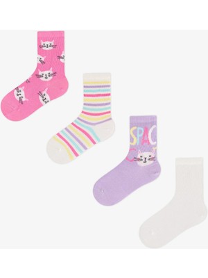 Penti Kız Çocuk Space Cat Kedi Desenli Pamuklu 4 Çift Soket Çorap