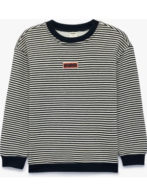 Koton Etiket Detaylı Şardonlu Bisiklet Yaka Uzun Kollu Oversize Çizgili Sweatshirt