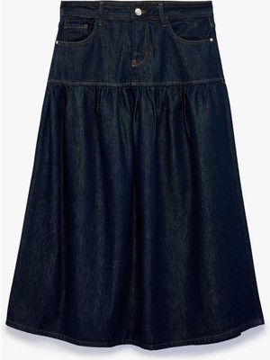 Koton Normal Bel Cep Detaylı Rahat Kesim Büzgülü Volanlı Denim Uzun Etek