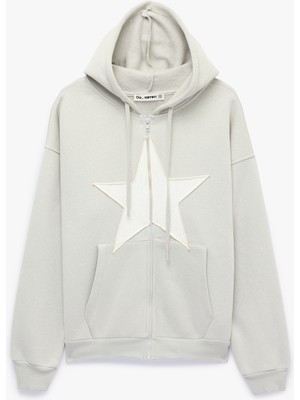 Koton Üç Iplik Şardonlu Yıldız Işlemeli Kanguru Cepli Kapüşonlu Fermuarlı Oversize Sweatshirt
