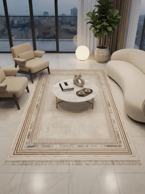 Modamax Indigo ID005T Krem Bej Klasik Çerçeveli Desen Akrilik Iplik Tozuaz Pamuk Taban 200X290(6M2) Dokuma Halı