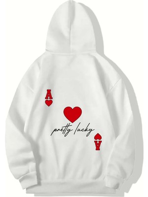 Brz Collection Unisex Oversize Pretty Lucky Kalp ve As Hoodie Beyaz