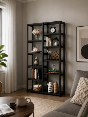 Evdera Mobilya Loft Line Metal Kitaplık Çok Amaçlı Bölmeli Dosya ve Dekoratif Raf Salon Kitaplığı
