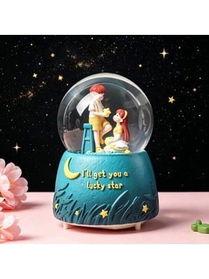 Hediyesahibi 🌙 Romantik Çift Orta Boy Tasarımlı Işıklı Kar Küresi – “ı’ll Get You A Lucky Star” Dekoratif Masa ve Hediye Ürünü