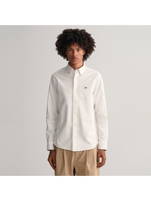 Gant Erkek Beyaz Slim Fit Çizgili Logolu Gömlek