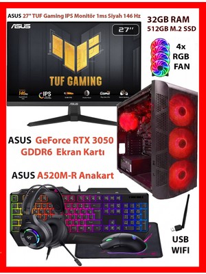 Comloji Ga Gaming Asus Dual Rtx 3050 + Ryzen 5 5500 32GB Ram 512GB M2 SSD + Asus Tuf 146Hz 27 Inc Monitörlü Full Set Oyuncu Bilgisayarı