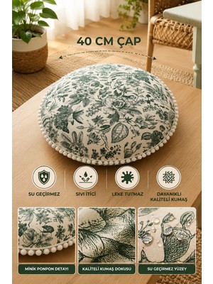 Rona Home Yeşil Çiçekli Toile De Jouy Desenli Yuvarlak Minder 40 cm - Su Geçirmez, Sıvı Itici, Leke Tutmaz, Ponponlu
