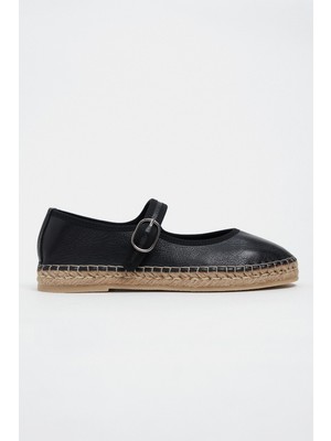 Nişantaşı Shoes Cutis Siyah Deri Hasır Taban Detay Kadın Espadril Babet