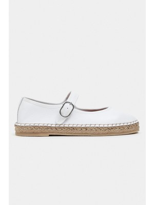 Nişantaşı Shoes Cutis Beyaz Deri Hasır Taban Detay Kadın Espadril Babet