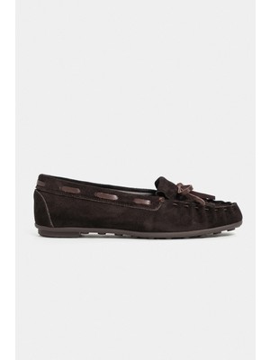 Nişantaşı Shoes Ferre Bitter Kahve Süet Hakiki Deri Bağcık Detaylı Düz Taban Kadın Loafer Ayakkabı